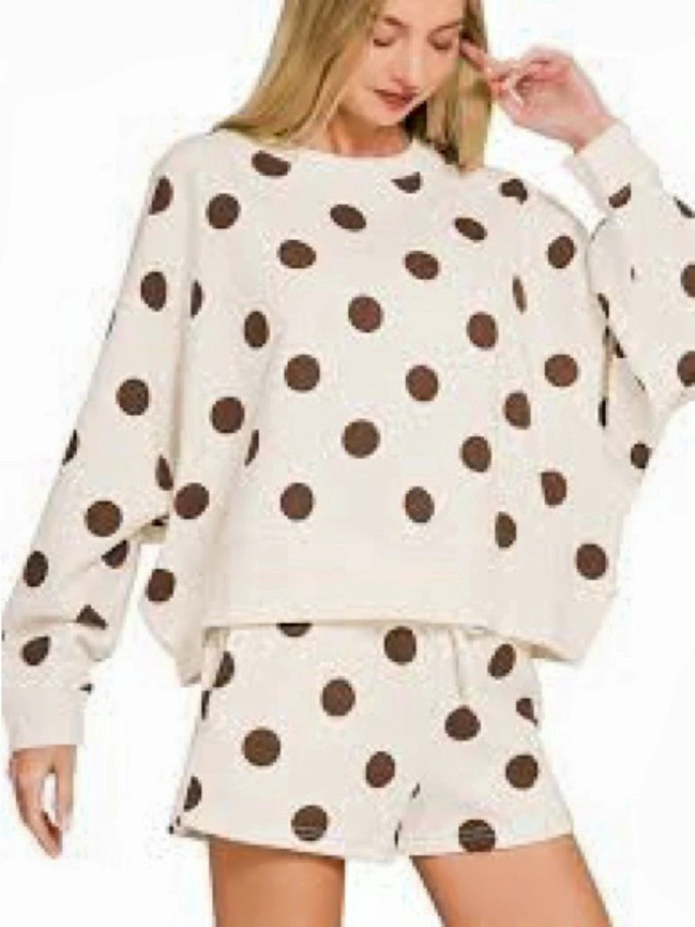 Zenana Fleece Polka Dot Print Round Neck Pullover & Shorts Set Polka Dot, new!🤎